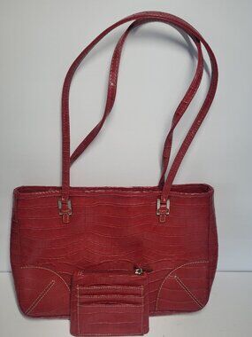 Liz Claiborne Red Faux Croc Purse & Wallet Women's Handbag Beautiful Pockets